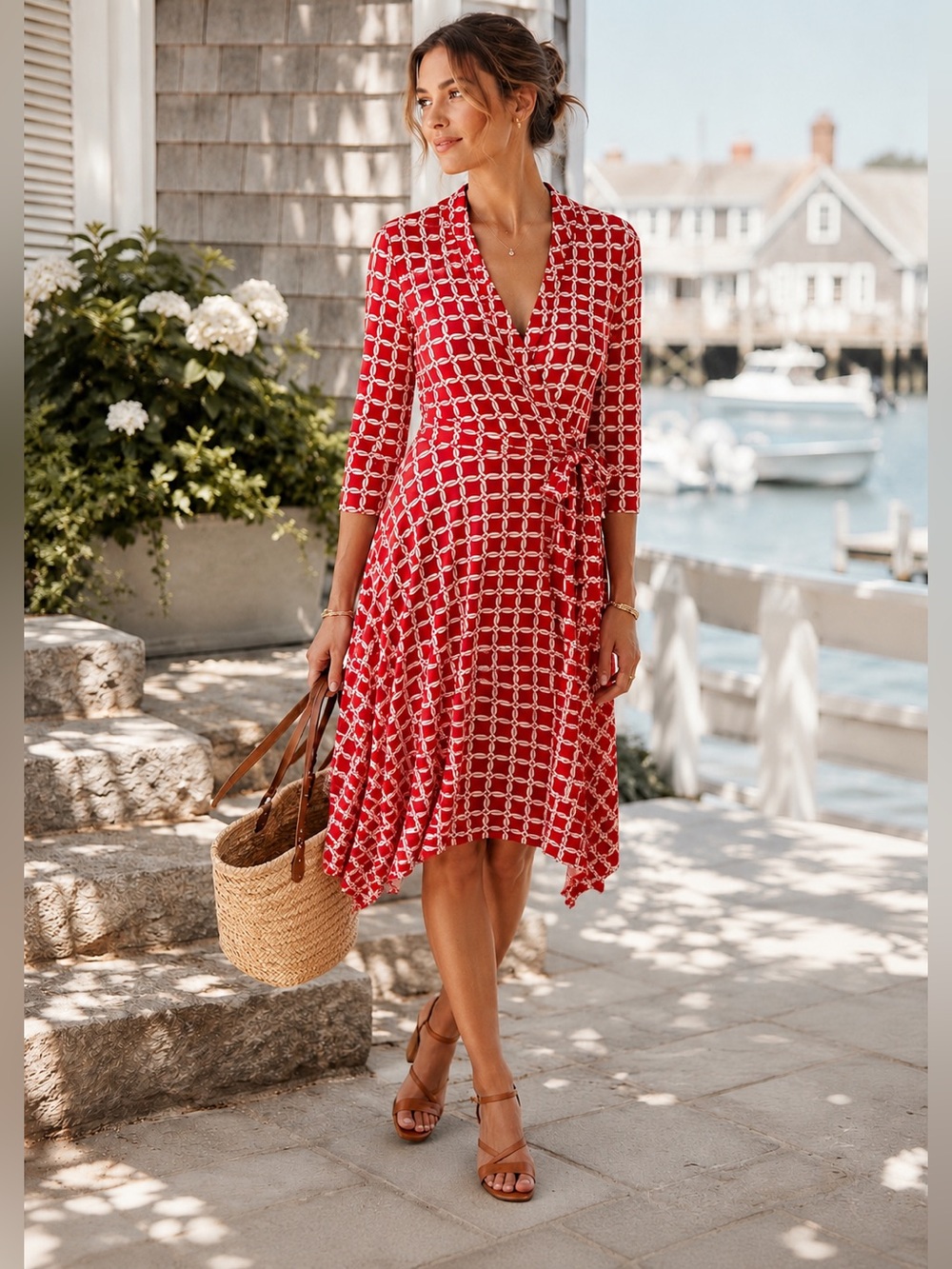Leota Anchors Aweigh Faux Wrap Midi Dress Red White Nautical Rope Print Medium